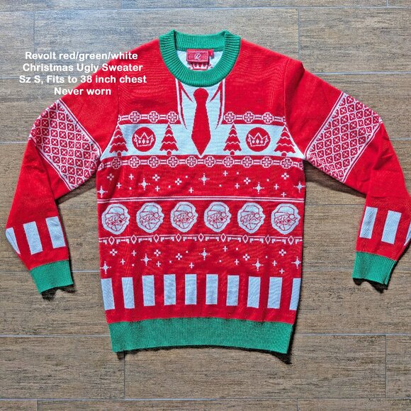Revolt red/green/white Christmas Ugly Sweater, Sz S, Fits to 38" chest, Unworn - Picture 5 of 12